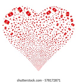 Banknotes fireworks with heart shape. Vector illustration style is flat intensive red and orange iconic symbols on a white background. Object valentine heart constructed from confetti pictographs.