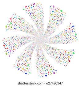 Banknotes fireworks swirl rotation. Vector illustration style is flat bright multicolored iconic symbols on a white background. Object spiral made from random pictographs.