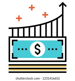 Banknotes with glow up arrow and plus icon vector illustration in flat outline design
