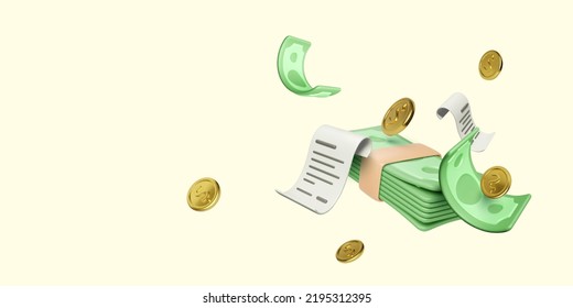 Banknotes and gold coins around bills. Paper currency and checks for business banners and templates. Financial bills and falling money. Vector illustration 