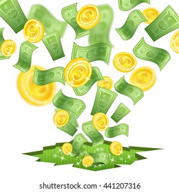 Banknotes and gold coins with depth of field effect flying from cracked ground