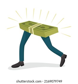 Banknotes with human legs walking on white background, illustrator vector cartoon drawing