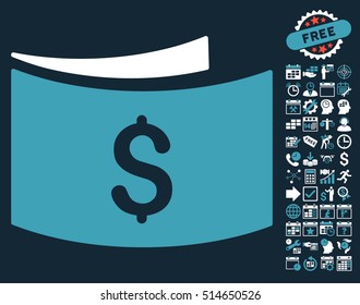 Banknotes icon with bonus calendar and time management design elements. Vector illustration style is flat iconic bicolor symbols, blue and white colors, dark blue background.