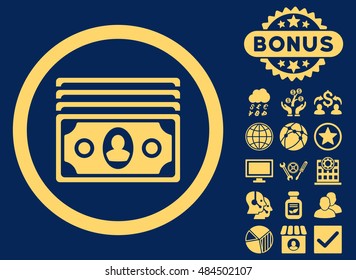 Banknotes icon with bonus pictogram. Vector illustration style is flat iconic symbols, yellow color, blue background.