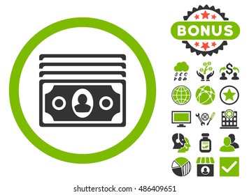 Banknotes icon with bonus symbols. Vector illustration style is flat iconic bicolor symbols, eco green and gray colors, white background.