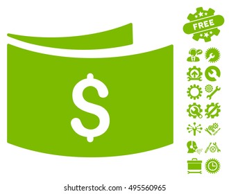 Banknotes icon with bonus tools design elements. Vector illustration style is flat iconic symbols, eco green color, white background.