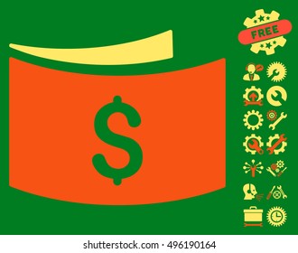 Banknotes icon with bonus tools graphic icons. Vector illustration style is flat iconic bicolor symbols, orange and yellow colors, green background.