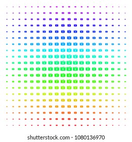 Banknotes icon rainbow colored halftone pattern. Vector items arranged into halftone grid with vertical spectrum gradient. Designed for backgrounds, covers and abstract effects.