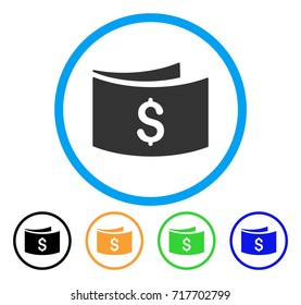 Banknotes icon. Vector illustration style is a flat iconic banknotes gray rounded symbol inside light blue circle with black, green, blue, yellow color variants.