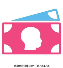 Banknotes icon. Vector style is bicolor flat iconic symbol with rounded angles, pink and blue colors, white background.