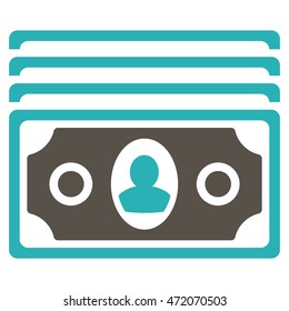 Banknotes icon. Vector style is bicolor flat iconic symbol with rounded angles, grey and cyan colors, white background.