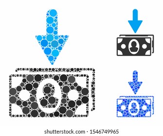 Banknotes income composition of filled circles in various sizes and color hues, based on banknotes income icon. Vector filled circles are grouped into blue composition.