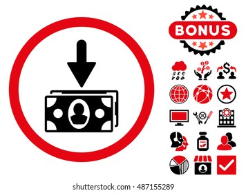 Banknotes Income icon with bonus elements. Vector illustration style is flat iconic bicolor symbols, intensive red and black colors, white background.