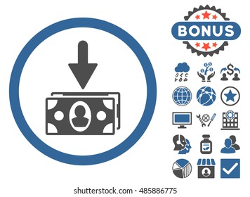 Banknotes Income icon with bonus pictures. Vector illustration style is flat iconic bicolor symbols, cobalt and gray colors, white background.