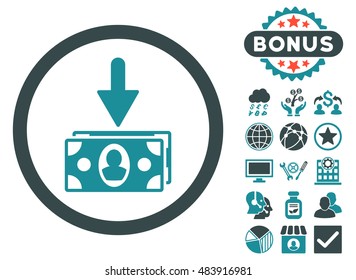 Banknotes Income icon with bonus symbols. Vector illustration style is flat iconic bicolor symbols, soft blue colors, white background.