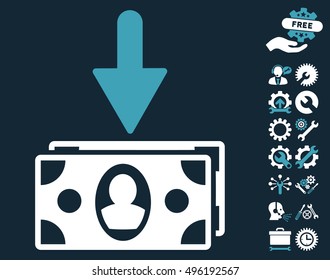 Banknotes Income icon with bonus tools design elements. Vector illustration style is flat iconic bicolor symbols, blue and white colors, dark blue background.