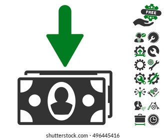 Banknotes Income icon with bonus tools graphic icons. Vector illustration style is flat iconic bicolor symbols, green and gray colors, white background.