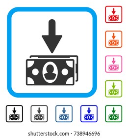 Banknotes Income icon. Flat gray pictogram symbol in a light blue rounded frame. Black, gray, green, blue, red, orange color additional versions of Banknotes Income vector.