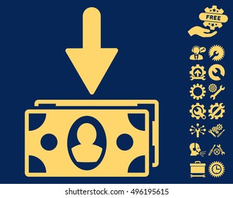 Banknotes Income pictograph with bonus tools pictograph collection. Vector illustration style is flat iconic symbols, yellow color, blue background.