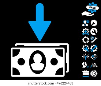 Banknotes Income pictograph with bonus tools icon set. Vector illustration style is flat iconic bicolor symbols, blue and white colors, black background.