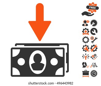 Banknotes Income pictograph with bonus tools graphic icons. Vector illustration style is flat iconic bicolor symbols, orange and gray colors, white background.