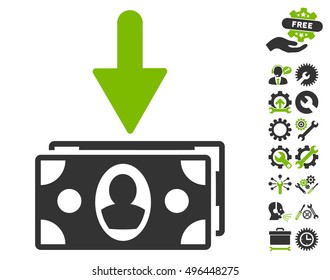 Banknotes Income pictograph with bonus tools clip art. Vector illustration style is flat iconic bicolor symbols, eco green and gray colors, white background.