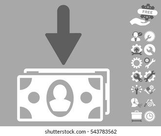 Banknotes Income pictograph with bonus tools pictograph collection. Vector illustration style is flat iconic bicolor symbols, dark gray and white colors, silver background.