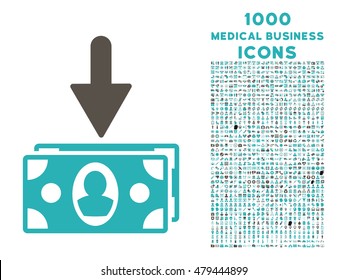 Banknotes Income vector bicolor icon with 1000 medical business icons. Set style is flat pictograms, grey and cyan colors, white background.