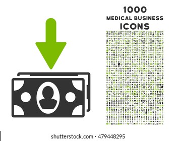 Banknotes Income vector bicolor icon with 1000 medical business icons. Set style is flat pictograms, eco green and gray colors, white background.