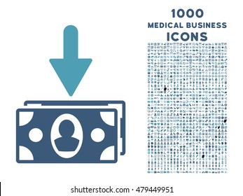Banknotes Income vector bicolor icon with 1000 medical business icons. Set style is flat pictograms, cyan and blue colors, white background.