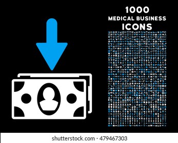 Banknotes Income vector bicolor icon with 1000 medical business icons. Set style is flat pictograms, blue and white colors, black background.
