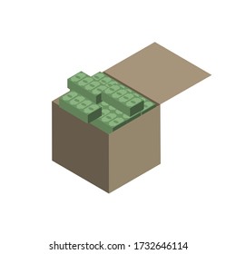 Billetes, mucho dinero en una caja. Ilustración vectorial.