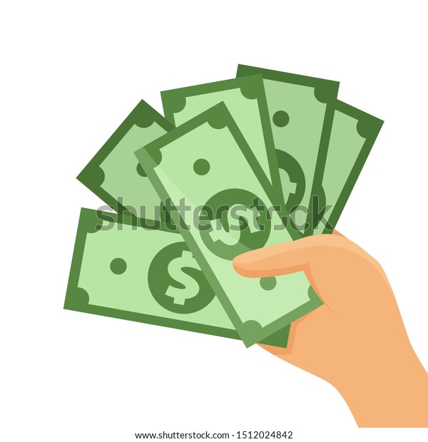 白い背景にお金と手 お札のアイコン シンボルインフォグラフィック用のお金の紙幣 お金 のフラットイラスト クリップアートのお札 お手持ち 贈り物 受け取り 表示 のベクター画像素材 ロイヤリティフリー