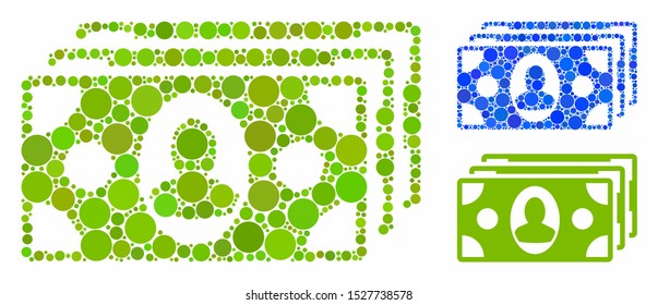 Banknotes mosaic of filled circles in variable sizes and color tints, based on banknotes icon. Vector filled circles are united into blue collage. Dotted banknotes icon in usual and blue versions.