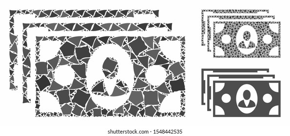 Banknotes mosaic of ragged parts in variable sizes and color tones, based on banknotes icon. Vector irregular parts are grouped into mosaic. Banknotes icons collage with dotted pattern.