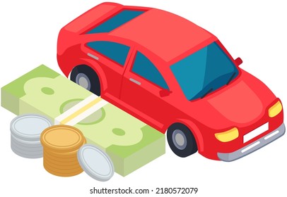 Banknotes near expensive car. Symbol of wealth and success, expensive life vector illustration. Premium automobile of successful person. Investment, income, profit, money, business development concept