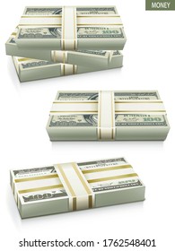 Banknotes of one hundred dollars. Stack of money. Bundle of 100 Bucks on white background