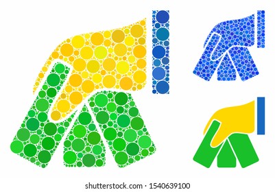 Banknotes payment hand composition of filled circles in different sizes and color tints, based on banknotes payment hand icon. Vector filled circles are united into blue composition.