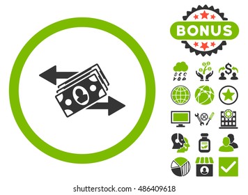Banknotes Payments icon with bonus design elements. Vector illustration style is flat iconic bicolor symbols, eco green and gray colors, white background.