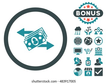 Banknotes Payments icon with bonus symbols. Vector illustration style is flat iconic bicolor symbols, soft blue colors, white background.