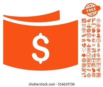 Banknotes pictograph with bonus calendar and time management clip art. Vector illustration style is flat iconic symbols, orange color, white background.