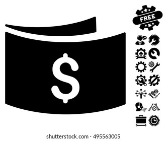 Banknotes pictograph with bonus tools pictures. Vector illustration style is flat iconic symbols, black color, white background.