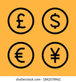 Banknotes Pound Sterling Euro Dollar Yen. Set Vector Icons. Vector Illustration