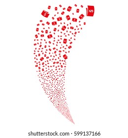 Banknotes random fireworks stream. Vector illustration style is flat red iconic symbols on a white background. Object fountain combined from scattered icons.
