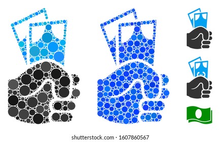 Banknotes salary hand composition of filled circles in different sizes and shades, based on banknotes salary hand icon. Vector small circles are organized into blue mosaic.