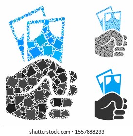 Banknotes salary hand composition of joggly elements in various sizes and color tones, based on banknotes salary hand icon. Vector bumpy pieces are composed into collage.