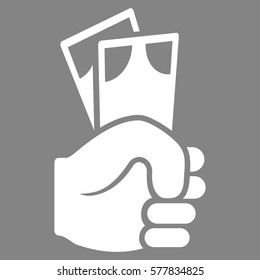 Banknotes Salary Hand vector icon. Flat white symbol. Pictogram is isolated on a gray background. Designed for web and software interfaces.