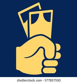 Banknotes Salary Hand vector icon. Flat yellow symbol. Pictogram is isolated on a blue background. Designed for web and software interfaces.