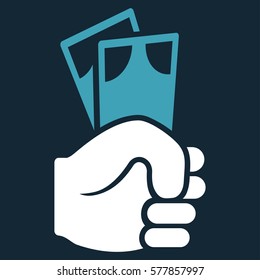 Banknotes Salary Hand vector icon. Flat bicolor blue and white symbol. Pictogram is isolated on a dark blue background. Designed for web and software interfaces.