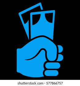 Banknotes Salary Hand vector icon. Flat blue symbol. Pictogram is isolated on a black background. Designed for web and software interfaces.